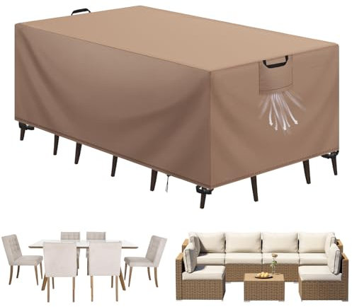 Aujink Copertura Tavolo Esterno Impermeabile, Panno 420D Oxford Impermeabile Copertura Per Mobili da Giardino Tavoli e Sedie da Cortile Raggi UV Resistente allo Strappo , Kaki, 150x90x75 cm