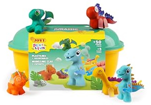 Jovi - Play&Fun JURASSIC - Kit de plastilina dinosaurios, 24 pastillas de 15 gr, 3 plantillas con recortables y 3 herramientas de modelado