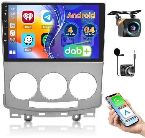 Roinvou DAB/DAB+ 4+64G Radio Coche para Mazda 5 2007-2010 con Inalámbrico Carplay/Android Auto, 9 Pulgadas IPS Pantalla Táctil Estéreo con WiFi GPS Bluetooth Mirror Link HIFI FM RDS SWC Cámara Trasera