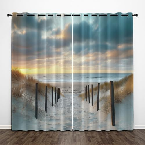 CEDNXOER Gardinen Blickdicht 2er Set H 200 x B 70 cm,Ruhiger Strand Verdunklungsvorhänge mit Ösen Natur Sonnenuntergang Motiv Schlafzimmer Wohnzimmer Vorhänge und Gardinen