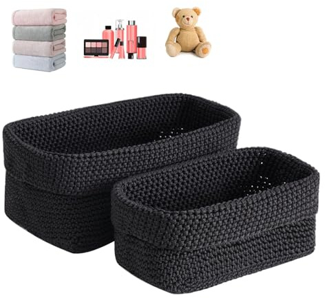 2 Stück Aufbewahrungskorb Geflochten,Häkelkorb Körbe Geflochten,Aufbewahrungskorb Set Für Wohnzimmer,Bäder,Büros,Küchen,Handtücher,Kosmetik,Spielzeug,Schmuck(Schwarz)