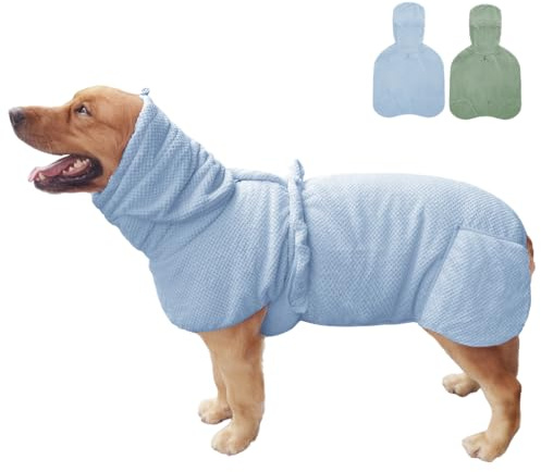 KOOGAL Medium to Large Size Dog Bathrobe, Quick Drying Super Absorbent, Warm Dog Towels, Adjustable Hoodies and Belts for Dog Bath Products (Blue Jacquard, 4XL-Fit for 45 to 75 pounds)