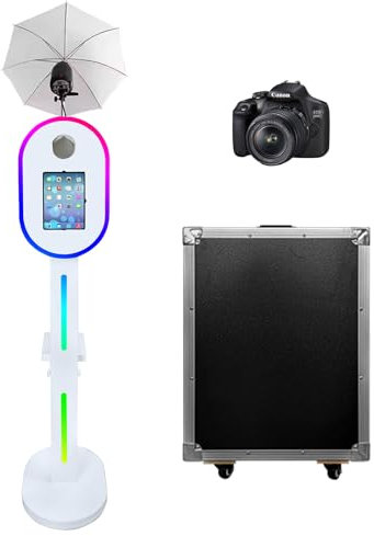 Photomaton compatible avec iPad 10,2 à 13 et appareil photo, avec lampe de poche et lumière synchronisée de la musique, appareil photo reflex numérique pour location d'événements de mariage (blanc