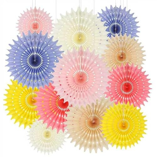 BestoFun 12 Stück Bunt Papier Fächer Set Orange Rosa Weiß PomPoms Tissue Blumen Pfirsich Gelb Beige Hängende Girlande Hellviolett Papier Fächer Dekoration für Geburtstags Hochzeit Gartenparty Deko