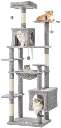 MSmask Kratzbaum groß, L Katzenbaum Stabil, Katzenkratzbaum mit 2 Plattformen, 2 Katzenhöhlen, Hängematte, Sisalsäulen, mehrstöckiger Kletterbaum für Katzen (Hellgrau, 173 cm)