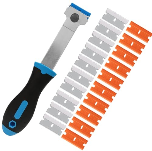 Ceramic Hob Scraper Glass Squeegee Cleaning Tool with Replacement Metal and Plastic Blades for Window Cooker Oven Cooker Kitchen Floor (Long, Blue+20 Blades)