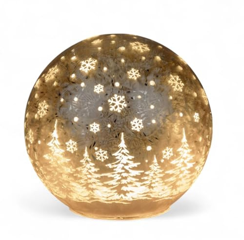 formano LED Deko-Kugel Frosty-Champagner 12cm Glaskugel Timer 6h/18h beleuchtete Deko - Farbglas in geeister Optik mit winterlichem Dekor - Herbst Winter Weihnachtsdeko für Tisch Regal Fensterbank