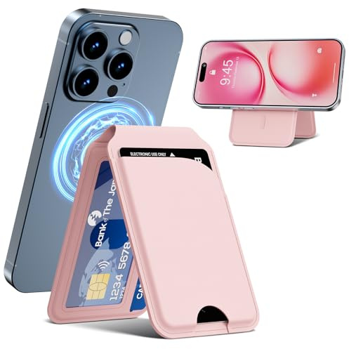 Frapkom Magnetic Wallet for iPhone, Adjustable Leather Mag-Safe Card Holder for iPhone 17/16/15/14/13/12 Series, ID Window, Card Slot, RFID Blocking (Pink)