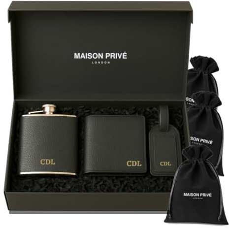 Personalised Gift Set for Men – Wallet, Hip Flask & Luggage Tag – Personalised Gift for Him, Best Man, Groomsmen Or Dad – Designer Mens Gift Set | By Maison Privé