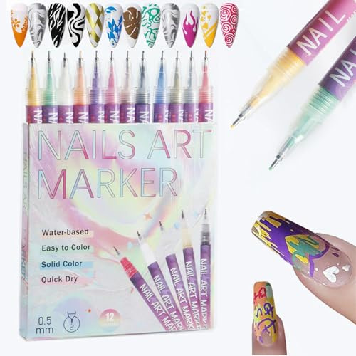 Nail Art Pens, 12 Colours Nail Art Pens Set, DIY Quick-Dry Gel Nail Markers, To Paint Nails Point Flower Hook Line Pen, DIY Nails Art Tool for Girls Women Men (Multicolor)