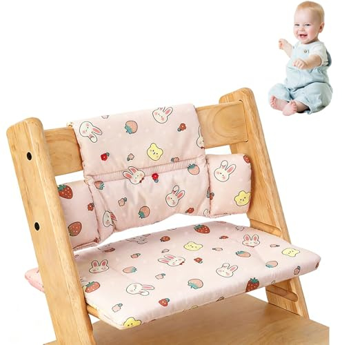 Sitzkissen für Stokke Tripp Trapp Hochstuhl, 2-teiliges Set aus Bio-Baumwolle mit Wasserdichter Laminierter Beschichtung, Leicht zu Reinigen & Abnehmbar, Maschinenwaschbar (Erdbeerkaninchen)
