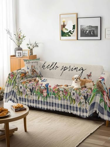 Spring Botanical Sofa Cover Blanket Couch Covers for Armchair Cushion,Couch Sofa Silpcover with Tassel,Farmhouse Vintage Black Plaid Brown Living Room Bedroom Throw Towel Blanket Covers XX-L 71x150