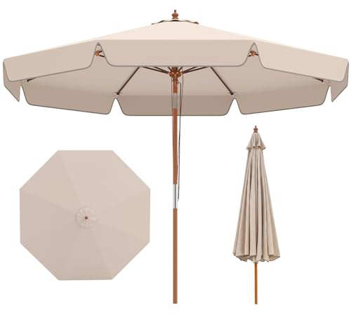 COSTWAY Sombrilla Terraza Exterior 300 cm, Parasol Jardin con Inclinación 30° en Ambos Lados, Mango de Madera, Parte Superior Ventilada, 8 Varillas, Sombrilla de Patio Jardín Playa Piscina (Beige)