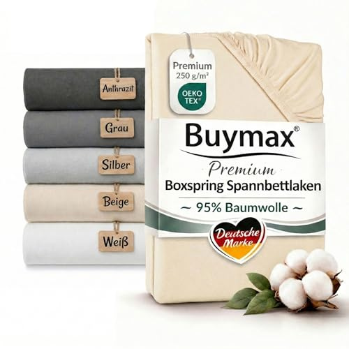 Buymax Boxspringbett Spannbettlaken 180x200 bis 200x220 cm Beige – Premium Jersey 250 g/m² – 95% Baumwolle 5% Elastan – bis 35 cm Matratzenhöhe