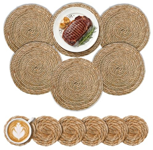 X-BLTU 12 Pezzi Tovagliette Rotonde in Rattan, Fatto a Mano Stile Bohémien | In Iuta, Cotone Naturale e Paglia d'Acqua, per Tavolo da Pranzo e Cucina, 30 cm e 11 cm
