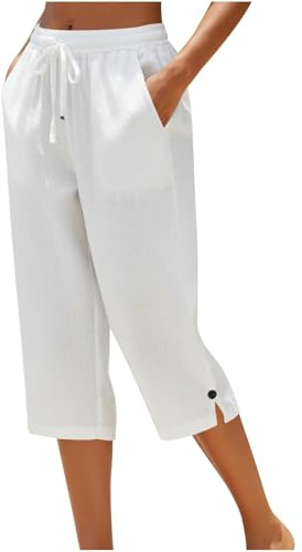Pantalones Capri de algodón y Lino para Mujer con cordón Ajustable, Cintura elástica, Pierna Ancha, Corte Cropped, Estilo Casual de Verano, Holgados, Ideales para la Playa.