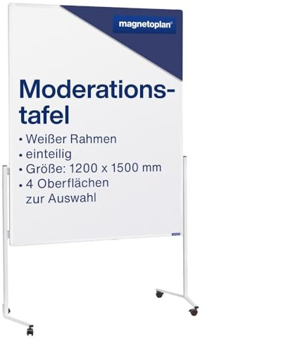 magnetoplan Moderationstafel einteilig, Karton Weiß l Doppelseitig BxH 1200x1500mm l Aluminiumrahmen Weiß l Mobile Präsentationstafel l Mit 4 Lenkrollen & stabilem Stahlgestell l Für Büro & Schulung | Rahmen weiß, einteilig, Karton weiß