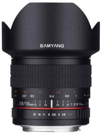 Samyang 10 mm F2.8 ED AS NCS Ultra-Weitwinkelobjektiv für Nikon Digital SLR-Kameras mit AE-Chip für Auto-Messung (SY10MAF-N), Schwarz