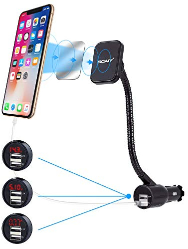 SOAIY Cargador y Soporte Movil Coche, 3 en 1 Soporte de Movil con Mechero de Carga, 2 Puertos de USB, para Smartphone, iPad, iPhone, Huawei, Samsung