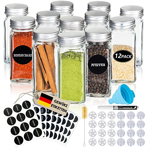 Deco haus® Pots à Épices Carrés Hermétiques, Set de 12 [avec Étiquettes & Saupoudreur] - Bocaux à Épices en Verre - Conteneurs à Épices, Spice Jars - Rangement d'Épices - Conteneurs pour Épices
