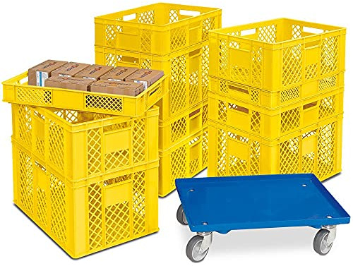 Lot de 11 bacs euros empilables en 4 hauteurs, PE-HD, jaune, L x l x l : 600 x 400 mm, H : 90 mm/150 mm/240 mm/320 mm, avec chariot de transport gratuit