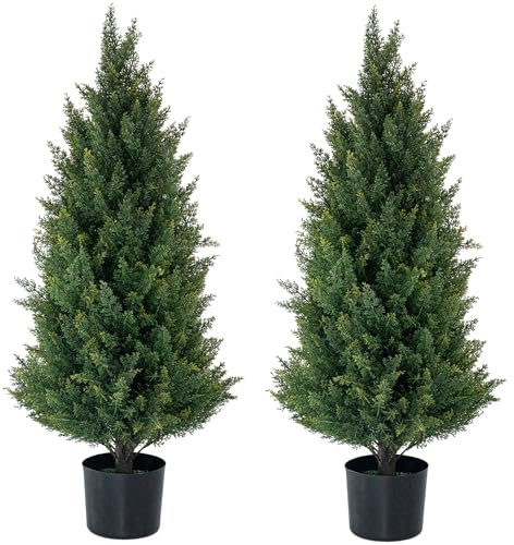Artificial Topiary Trees 3 Foot Artificial Cedar Trees UV Resistant Potted Plant Set of 2 Faux Bushes Fake Shrubs for Outdoor Indoor Front Porch Garden