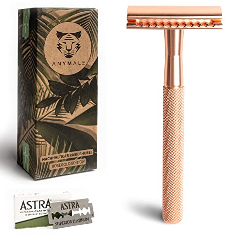 ANYMALE® Rasierhobel Rosegold Edition - inklusive 5 ASTRA Klingen - Plastikfreier Damen Rasierer aus Metall