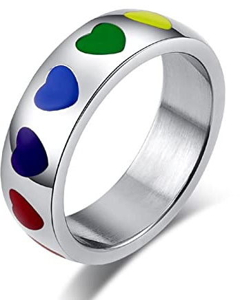 AMDXD Herren Verlobungsringe Edelstahl, Bandring Ehering Regenbogen Herz für Männer, Silber, Gr.65 (20.7)