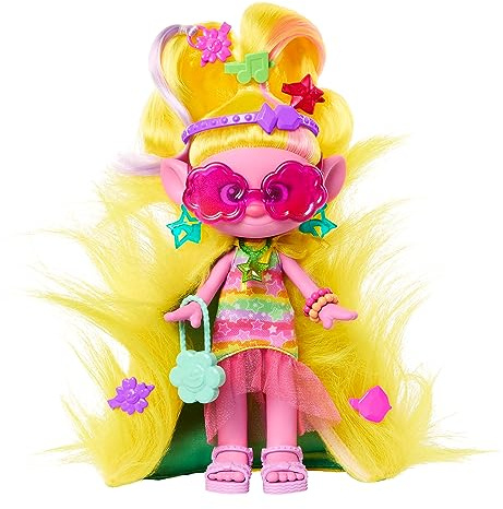 Mattel DREAMWORKS TROLLS Gemeinsam Stark – Hairsational Reveals Viva-Modepuppe, 15 Haar- und Modeaccessoires, pelzige Plüschhaare, juwelenförmiger Behälter, für Kinder ab 3 Jahren, HNF17