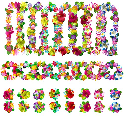 32 Piece Hawaiian Leis Party Decorations - Flower Necklace, Bracelets, Headband for Tropical Beach Party Theme