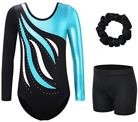 XFGIRLS Justaucorps de gymnastique à manches longues pour filles de 3 à 16 ans – Justaucorps de danse scintillant sans manches pour filles de 3 à 16 ans, 9-10 Years