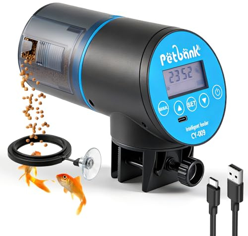 Automatic Fish Feeder for Aquarium - Rechargeable Fish Food Auto Dispenser Vacation Turtle Feeder with USB Charger Cable，LCD Screen, Customized Schedule (Blue)