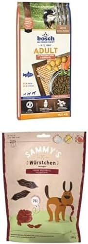 Bundle: Bosch HPC Adult mit frischem Lachs & Kartoffel | Hundetrockenfutter für ausgewachsene Hunde Aller Rassen | 1 x 15 kg + Sammy´s Würstchen | Wasserbüffel | 1 x 240 g