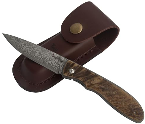 Tungyi Damas Couteau de Poche Pliant Acier Tranchant 3,1 Fourreau Cuir Anniversaire Mariage Cadeau (4 Ram Horn Handle)
