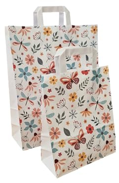 250 Papiertragetaschen Papiertüten Geschenktüten Butterfly Schmetterling Blumen weiß mit Flachhenkel - verschiedene Größen wählbar (Größe 32+12x40cm 80g/m²)