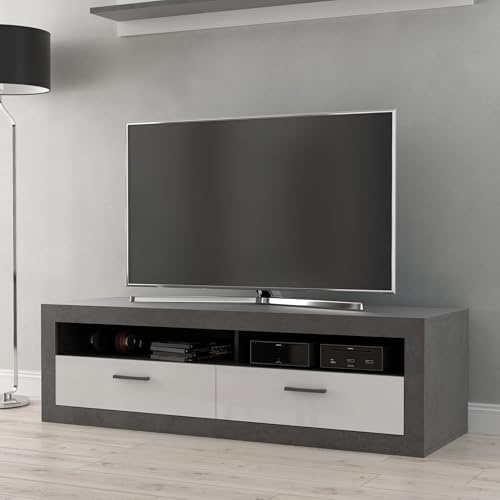 Forte TREBBIA TV-Schrank 150 160, moderner Schrank mit 2 Schubladen, Lowboard, TV-Rack, Holzwerkstoff, Betonoptik Dunkelgrau/Weiß Hochglanz, 152,7 cm breit x 46,7 cm hoch x 51,7 cm tief
