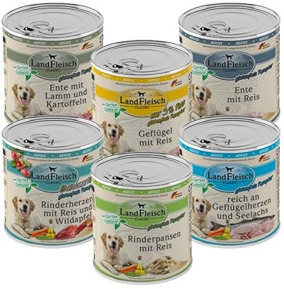 Landfleisch Classic Hundefutter 6 x 800g | Mixpaket mit garantiert 6 Sorten | Nassfutter für Hunde mit extra viel Fleisch und Gemüse + Alpha Spirit Snack gratis