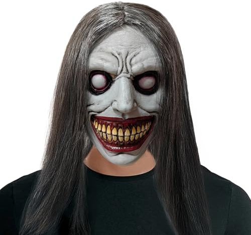 Aofonchy Halloween Skräckmask, leende demon skrämmande mask, halloween latexmask med hår, leende djävulsmask för fes te halloween karneval