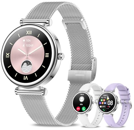 INNOFOVO Smartwatch Damen, 1.27 HD Screen Rund Armbanduhr mit Telefonfunktion 150+ Sport/Menstruationszyklus/SpO2 Pulsuhr/Schlafmonitor/Schrittzähler für iOS Android (Silber&Weiß&Lila)
