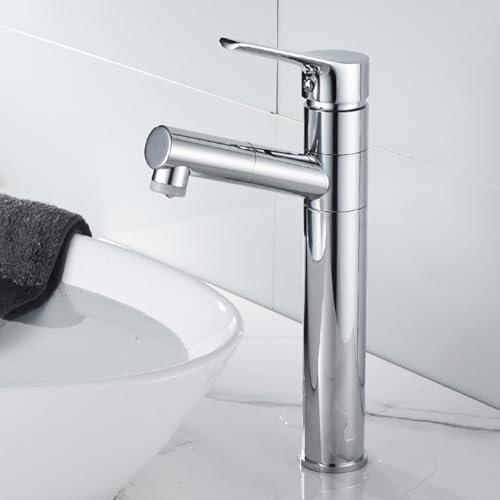 Wasserhahn Bad Waschtischarmatur Mit Ausziehbar Brause Hoch Auslauf Messing Einhebel Mischbatterie Waschbecken Armatur Mit 2 Wasserstrahlarten, Badarmatur Waschtischbatterie Badezimmer, Chrom, Silber