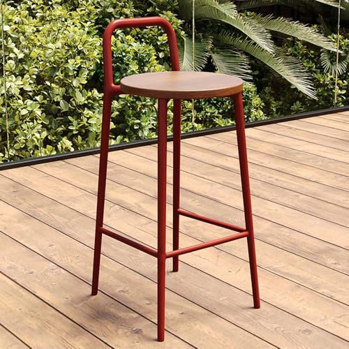 Industrieller runder Barhocker mit Rückenlehne und Fußstütze, Thekenhöhe, Barstühle für Küche, Rot, 75 cm Höhe
