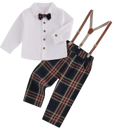 Geagodelia 2 Pezzi Completo Bambino di Natale Gentiluomo Camicia Maniche Lunghe+Pantaloni con Bretelle Tuta Natalizia Elegante per Ragazzi 1-7 Anni (Bianco, 2-3 Years)