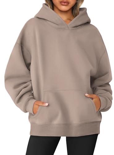 Jhsnjnr Huvtröja för kvinnor, extra stor sporttröja, långärmad fleecefodrad sweatshirt med huva, enfärgad basic huvtröja, Ljusbrun, M