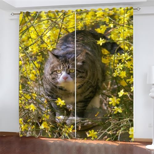 YZQGLHP Gardinen Katze Vorhänge Gelbe Blume Verdunklungsvorhänge Schiebe Schallschutz Vorhang mit Ösen für Schlafzimmer Wohnzimmer H245 x B140 cm 2 teiliges Set