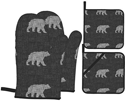4 Stück Ofenhandschuhe Set Kleine Bären Grau Grillhandschuhe Weiches Backhandschuhe Druck Topfhandschuhe, Für BBQ, Mikrowelle, Cafe
