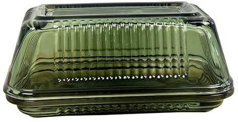 Green Glass Butter Storage Dish with Lid Vintage Holder Kitchen Storage Container Box Serving