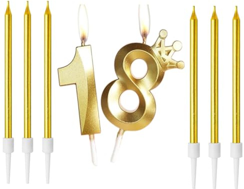 Zwenjuan Geburtstag Kerzen,3D Zahlen Geburtstagskerzen,Anzahl 18 Kerze mit Kronendekor mit 6Pc Langen Kerzen Kerzen Geburtstag,Kerzen Geburtstag Zahl für Kuchen Geburtstag Jahrestag Partys