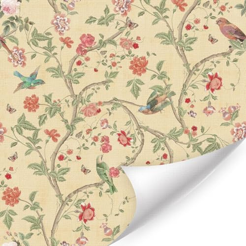 ANHUIB Vintage Hummingbirds Yellow Wallpaper Chinoiserie Flowers Peel And Stick Wallpaper(17.3”x118”)Boho Yellow Contact Paper Spoonflower Birds Decoration Nature Hydrangea Murals for Nursery Bedroom