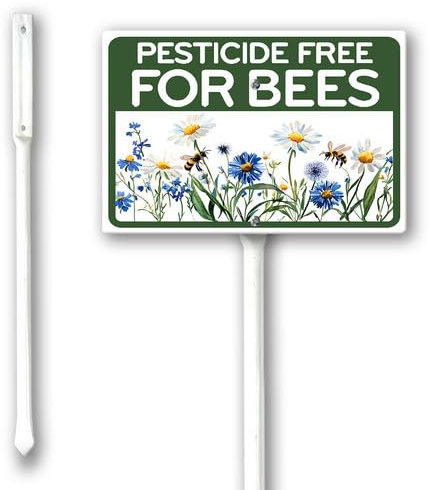 Geroclonup Cartello da giardino senza pesticidi per api con paletti, 20 x 30 cm, robusto cartello in alluminio antiruggine, decorazione per prato e giardino, per uso esterno, facile da installare