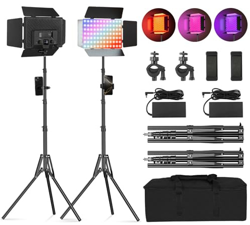 Soonpho 2-Pack Lumière Vidéo LED RGB Panneau avec Porte Grillagée 2500-8500K Dimmable 20W Photographie Studio Light avec 1.6m Trépied Stand et Mobile Phone Holder pour Video Youtube Live